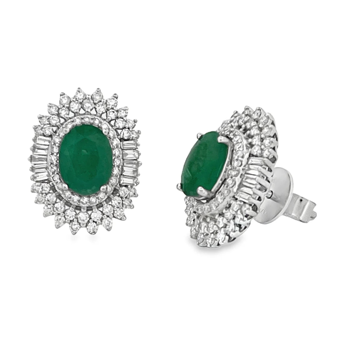 14KT WHITE GOLD EARRINGS, DIANA PRINCESS STYLE, WITH NATURAL COLOMBIAN EMERALD