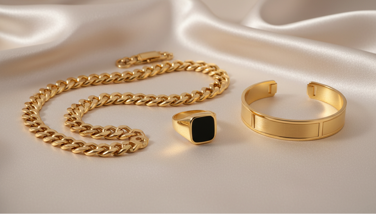 banner color beige claro tela saten con joyas oro de hombre sencilla que diga con letras pequenas Joyeria Dubai